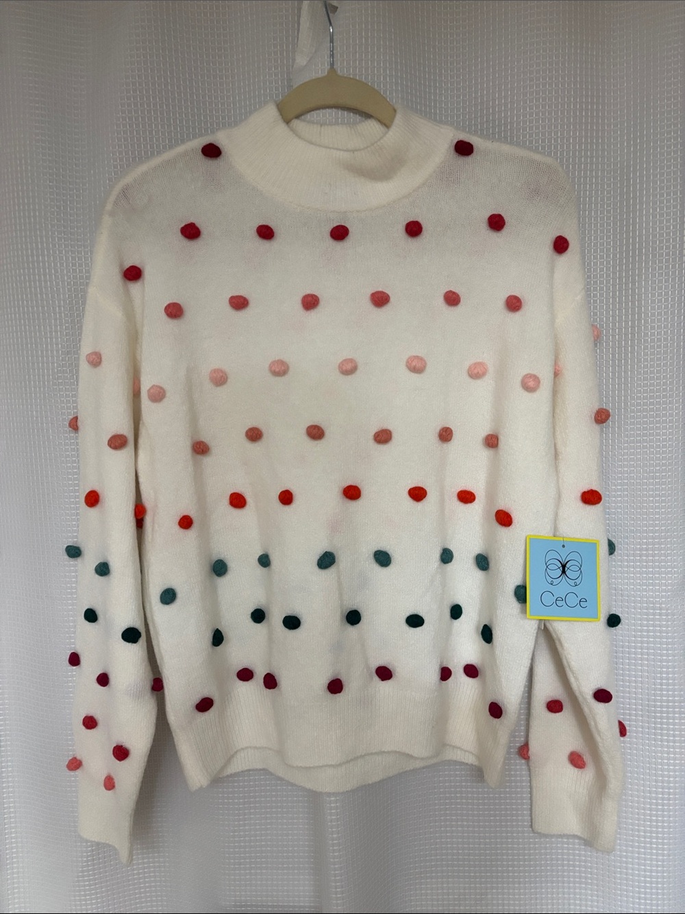 CeCe Cream Knit Turtleneck Sweater with Multicolor Pom Dots